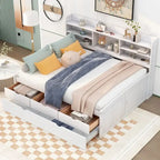 Full Size Wooden Captain Platform Bed with Built-in Bookshelves, Three Storage Drawers and Trundle