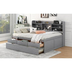 Full Size Wooden Captain Platform Bed with Built-in Bookshelves, Three Storage Drawers and Trundle