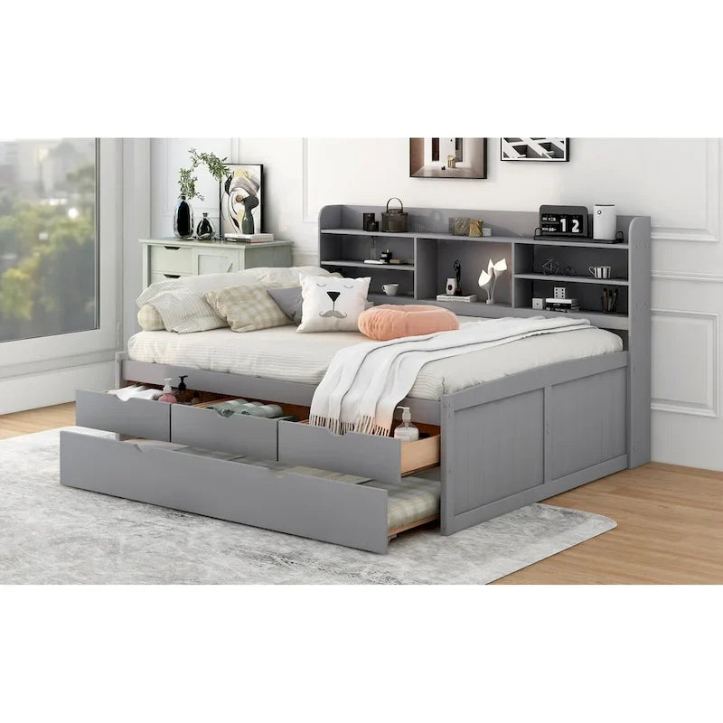 Full Size Wooden Captain Platform Bed with Built-in Bookshelves, Three Storage Drawers and Trundle