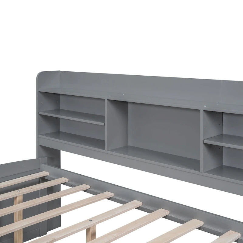 Full Size Wooden Captain Platform Bed with Built-in Bookshelves, Three Storage Drawers and Trundle