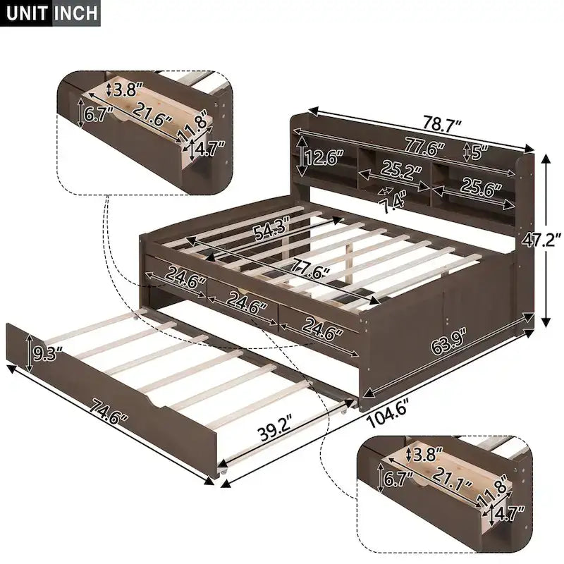 Full Size Wooden Captain Platform Bed with Built-in Bookshelves, Three Storage Drawers and Trundle