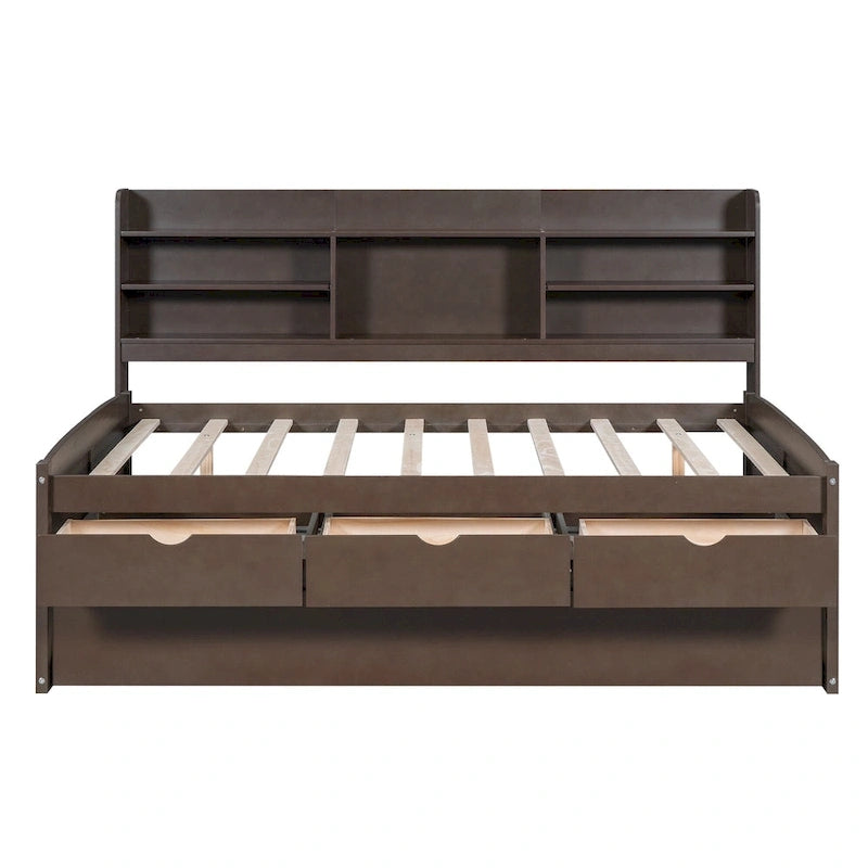 Full Size Wooden Captain Platform Bed with Built-in Bookshelves, Three Storage Drawers and Trundle