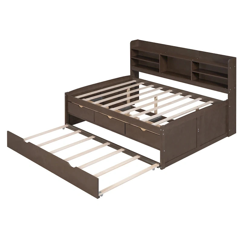 Full Size Wooden Captain Platform Bed with Built-in Bookshelves, Three Storage Drawers and Trundle