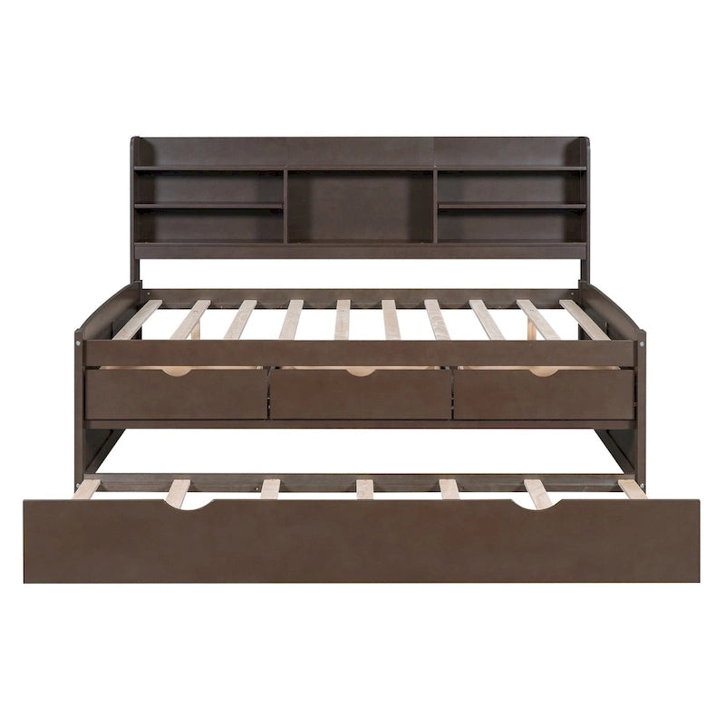 Full Size Wooden Captain Platform Bed with Built-in Bookshelves, Three Storage Drawers and Trundle