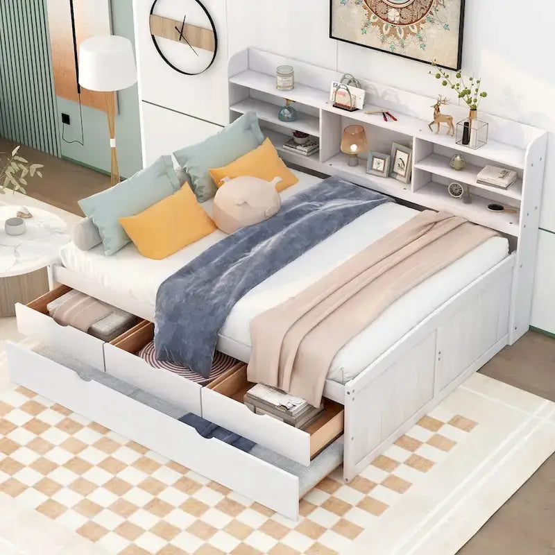 Full Size Wooden Captain Platform Bed with Built-in Bookshelves, Three Storage Drawers and Trundle