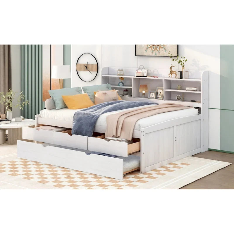 Full Size Wooden Captain Platform Bed with Built-in Bookshelves, Three Storage Drawers and Trundle