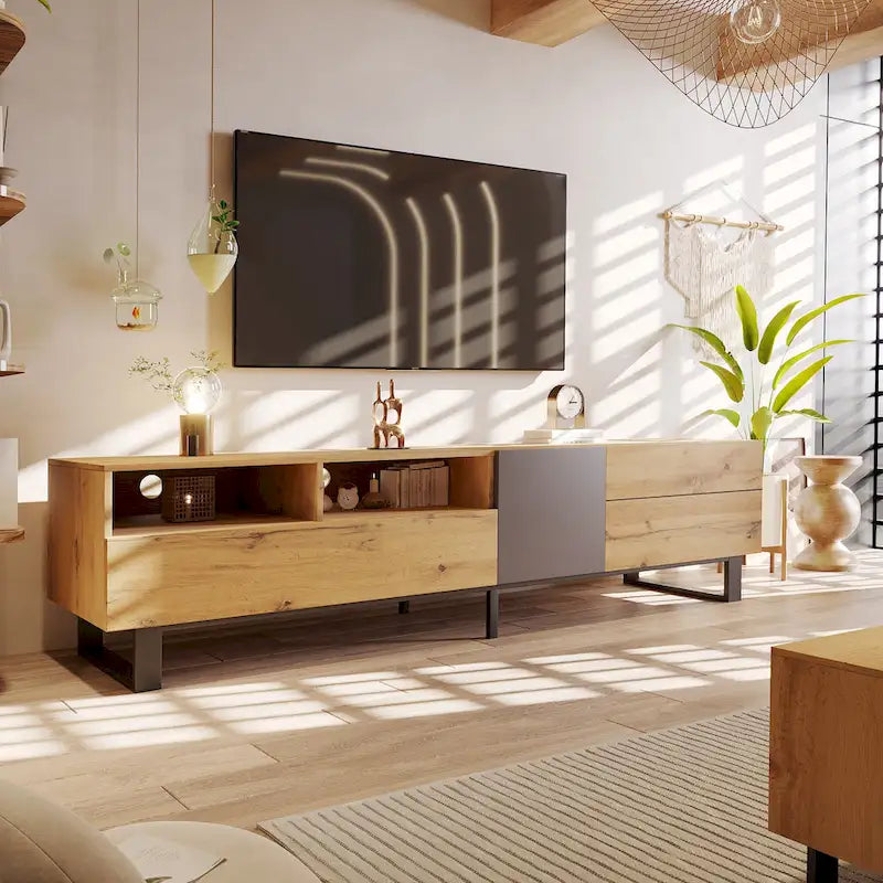 70.9  TV Stand with Double Storage Space and Drop Down Door for TVs Up to 80 