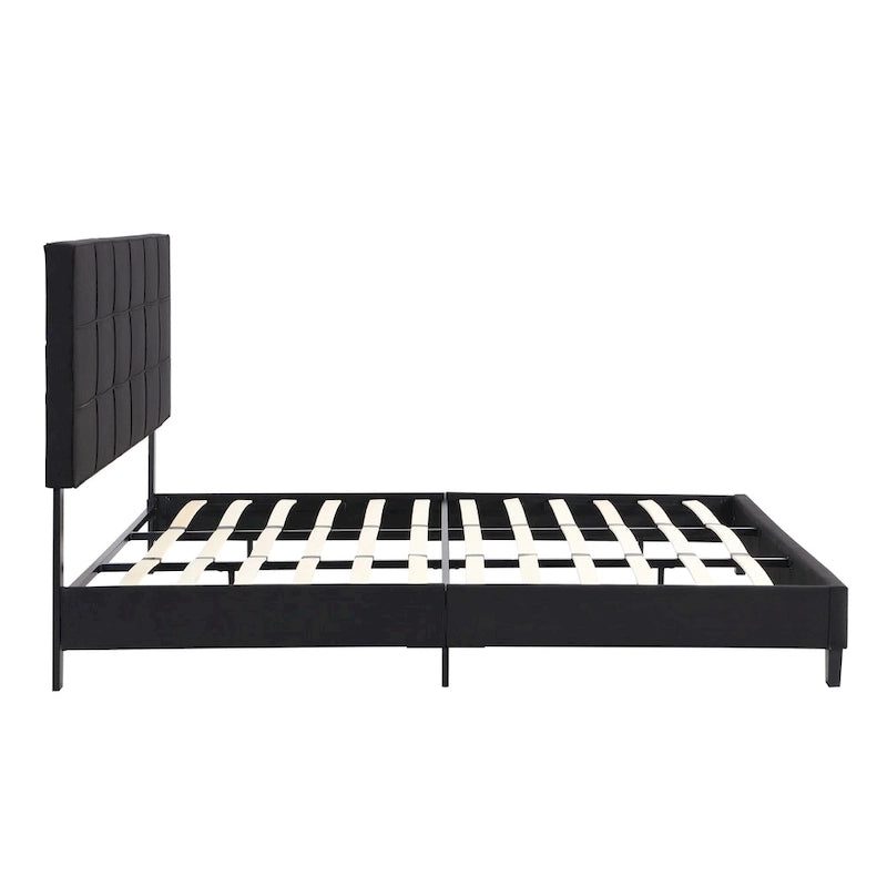 Black Linen King Size Upholstered Platform Bed Frame with Button Tufted Headboard, Wood Slat Support, No Box Spring Needed
