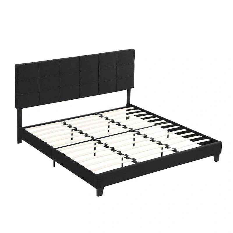 Black Linen King Size Upholstered Platform Bed Frame with Button Tufted Headboard, Wood Slat Support, No Box Spring Needed