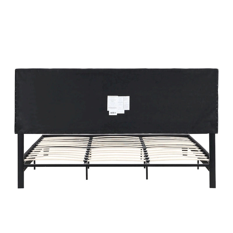 Black Linen King Size Upholstered Platform Bed Frame with Button Tufted Headboard, Wood Slat Support, No Box Spring Needed