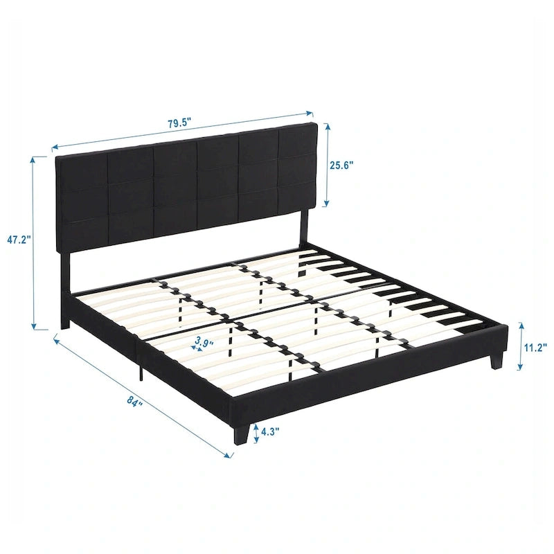 Black Linen King Size Upholstered Platform Bed Frame with Button Tufted Headboard, Wood Slat Support, No Box Spring Needed