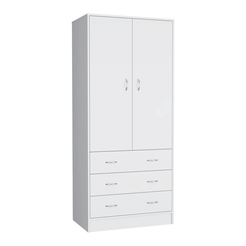 19  Modern Double-door Armoire with 3 Drawers and 1 Hanging Rod for Bedroom