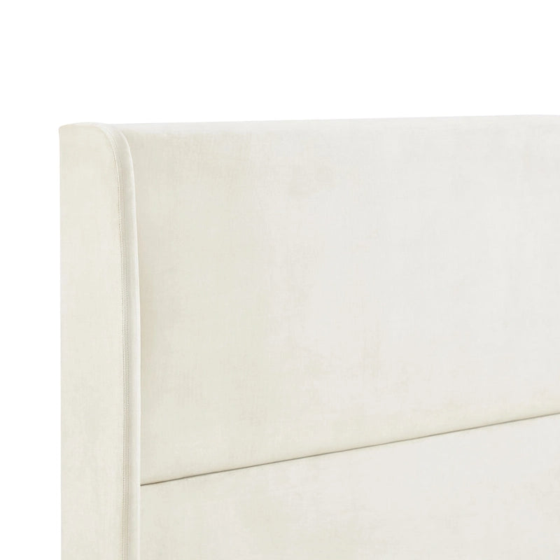 Beige King Size Style Platform Bed with Wingback Velvet Headboard