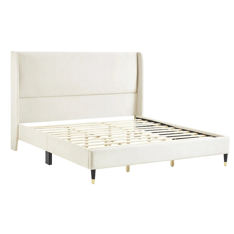 Beige King Size Style Platform Bed with Wingback Velvet Headboard