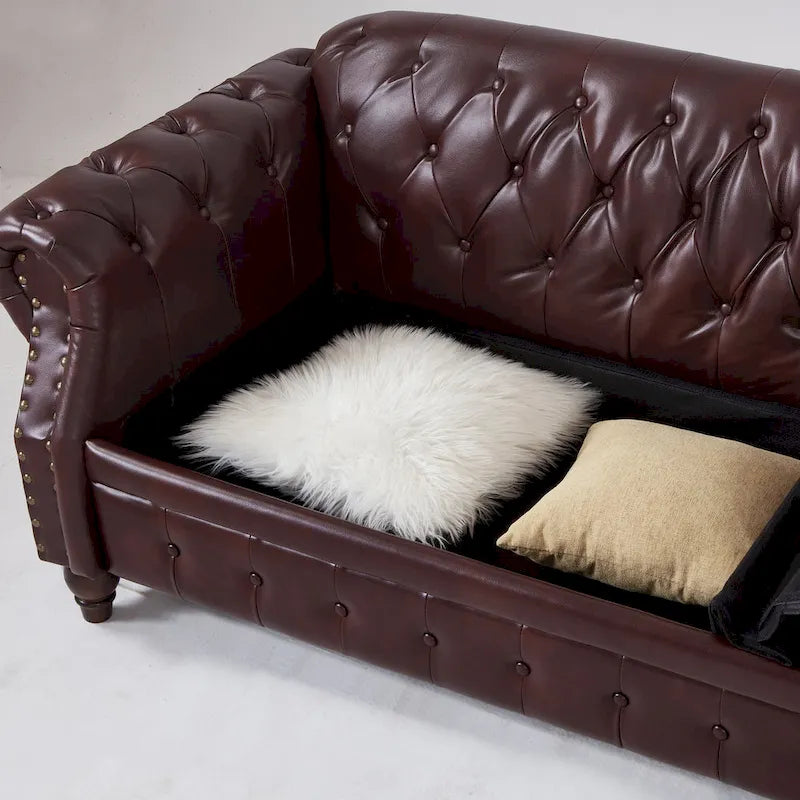 85.8  Technical Leather 3-Seater Sofa with Tufted Backrest & Storage