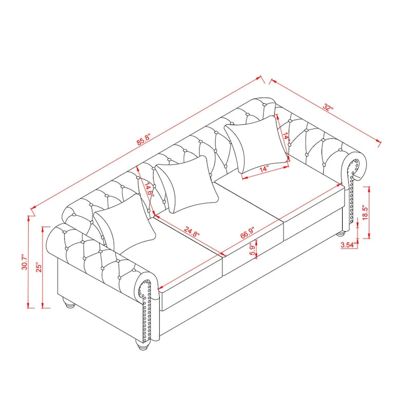 85.8  Technical Leather 3-Seater Sofa with Tufted Backrest & Storage