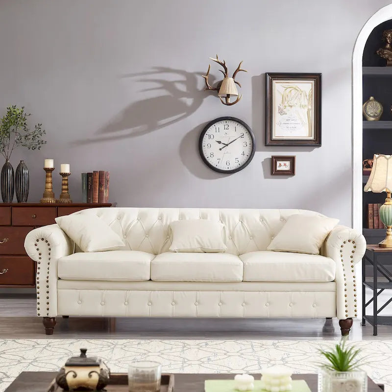 85.8  Technical Leather 3-Seater Sofa with Tufted Backrest & Storage