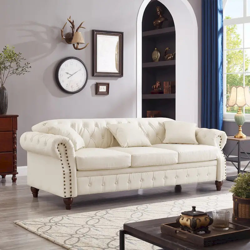 85.8  Technical Leather 3-Seater Sofa with Tufted Backrest & Storage