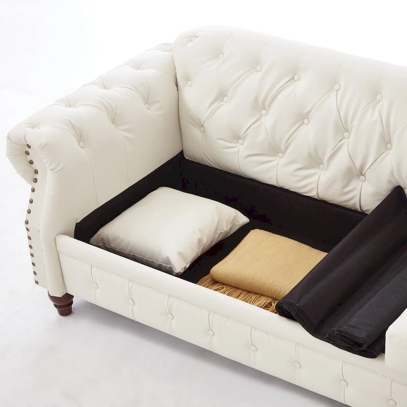 85.8  Technical Leather 3-Seater Sofa with Tufted Backrest & Storage
