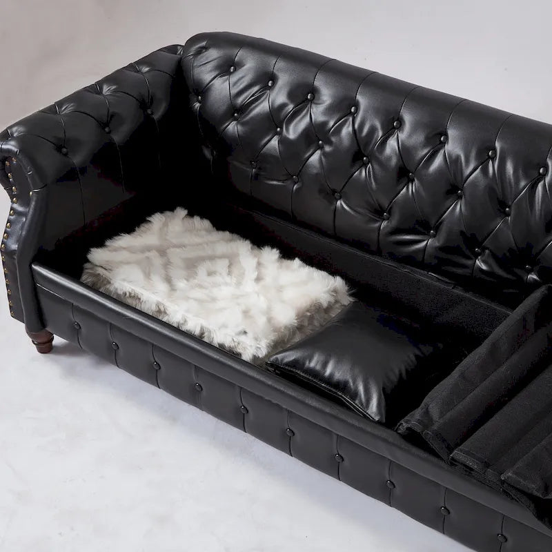 85.8  Technical Leather 3-Seater Sofa with Tufted Backrest & Storage