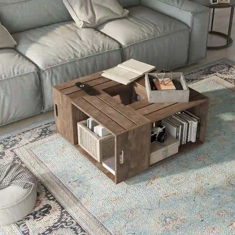 DH BASIC Rustic Oak 32-inch Open Shelf Mobile Coffee Table by Denhour