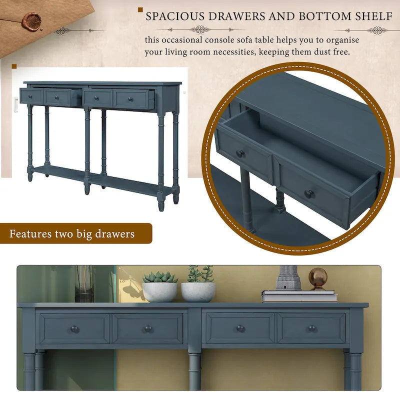 TREXM Solid Wood Console Table with Storage Drawers and Bottom Shelf