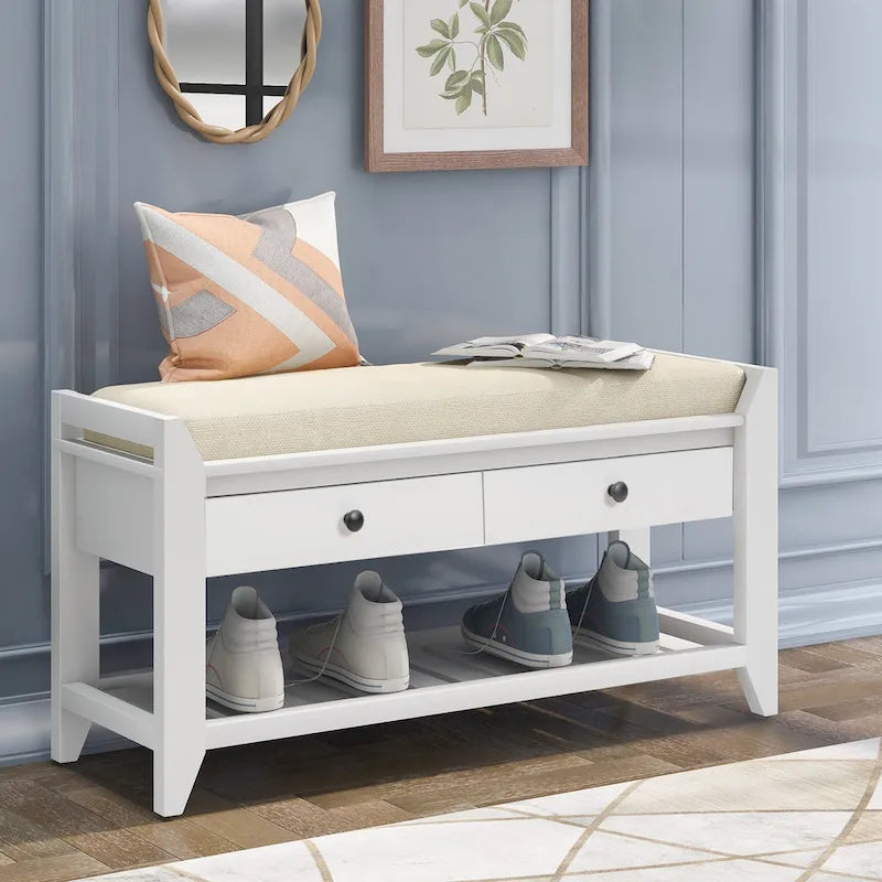 Contemporary Cushioned Shoe Rack with 2 Drawers and Open Shelf