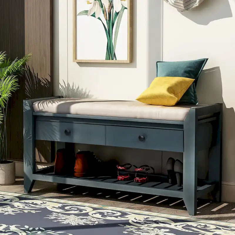Contemporary Cushioned Shoe Rack with 2 Drawers and Open Shelf