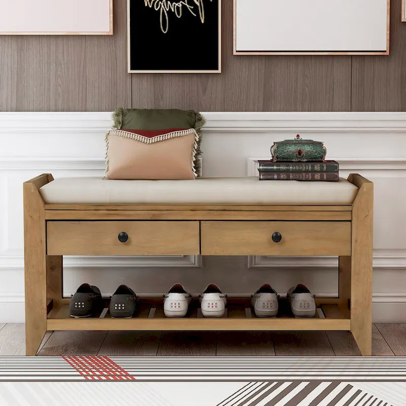 Contemporary Cushioned Shoe Rack with 2 Drawers and Open Shelf