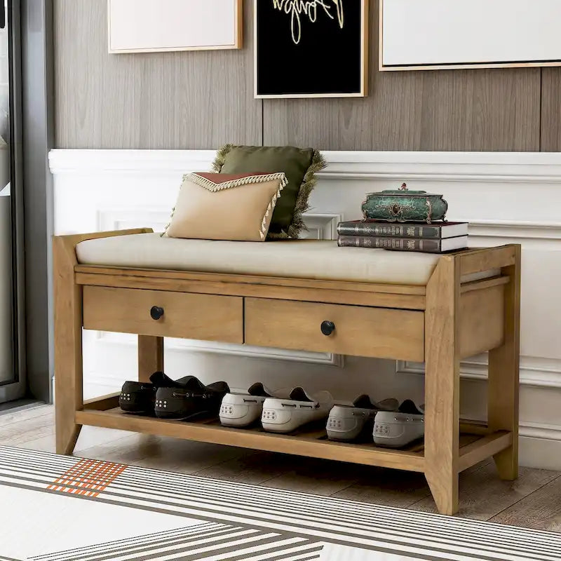Contemporary Cushioned Shoe Rack with 2 Drawers and Open Shelf
