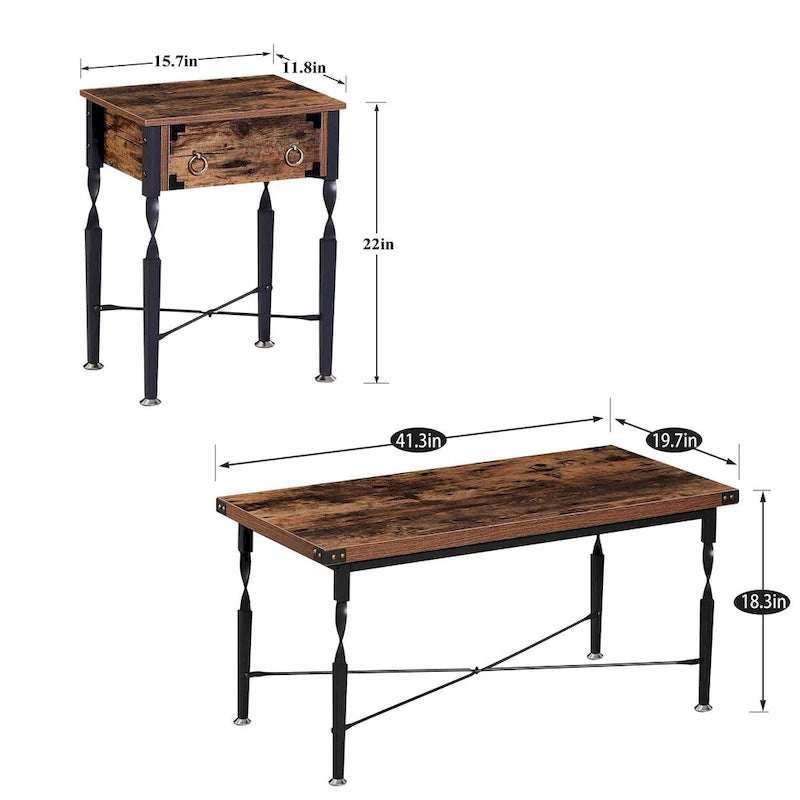 Set of 3 Coffee Table Sets with Coffee Table + 2 End Tables, X-Shaped Design, Rustic Brown