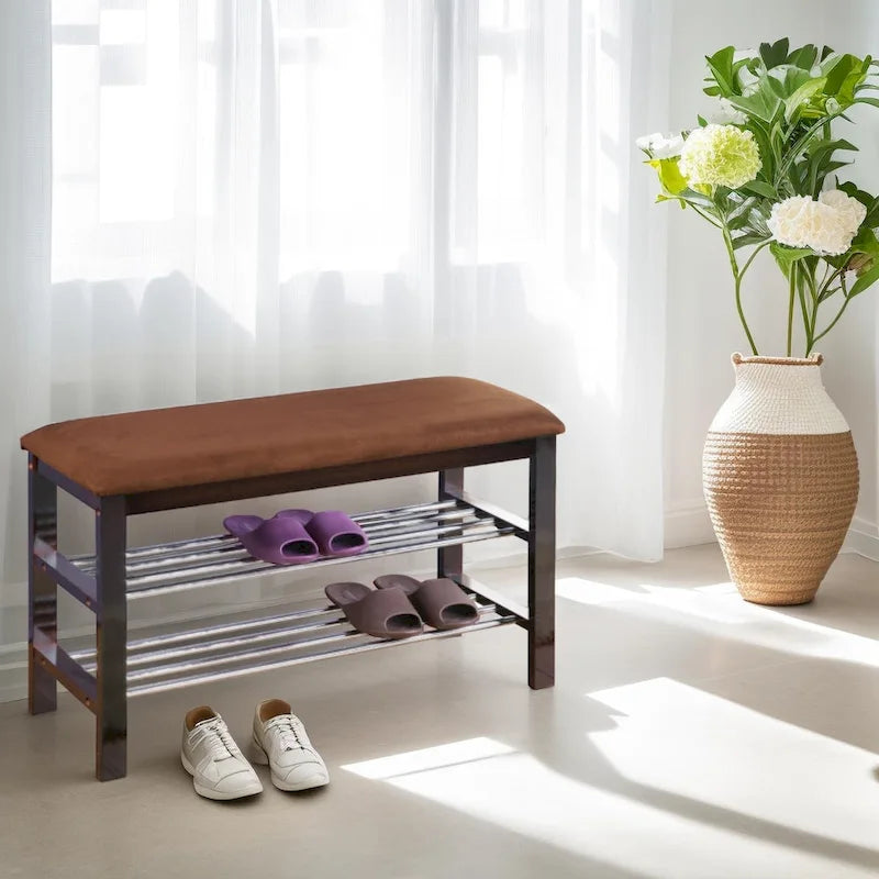 Roundhill Furniture Dark Espresso Wood Shoe Bench with Chocolate Microfiber Seat