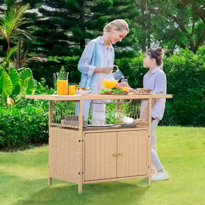 Moasis Outdoor Storage Cabinet Patio Wicker Bar Counter Backyard Furniture w/Plastic Wood Tabletop - 50.4 L x20.9 W x 33.9 H