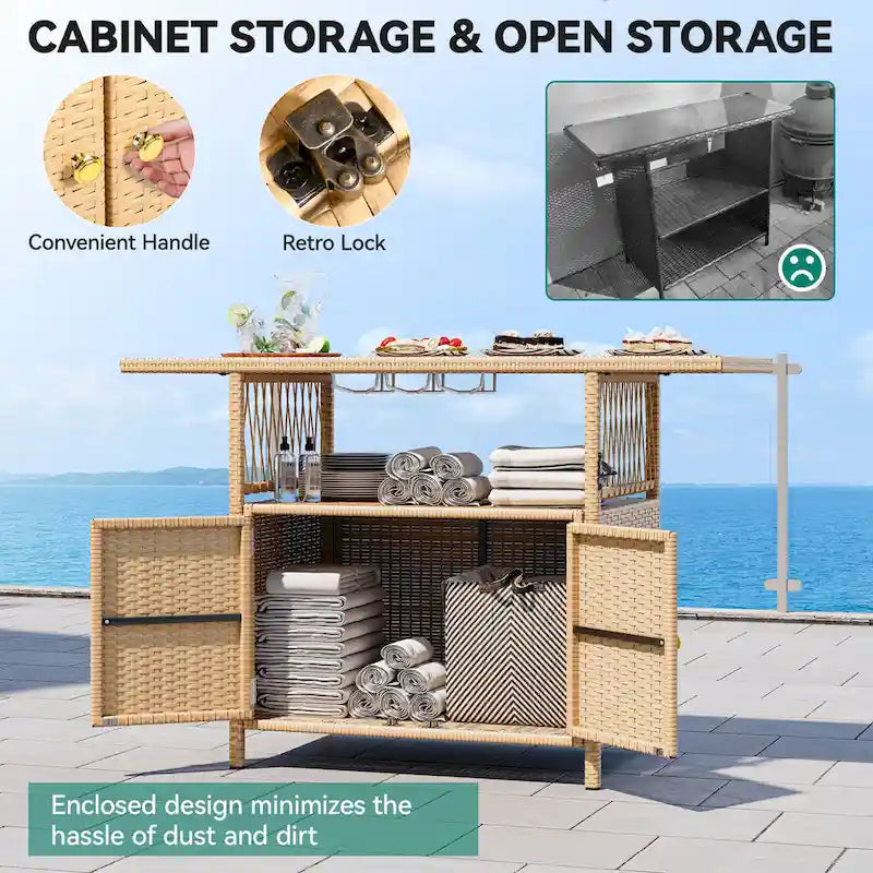 Moasis Outdoor Storage Cabinet Patio Wicker Bar Counter Backyard Furniture w/Plastic Wood Tabletop - 50.4 L x20.9 W x 33.9 H