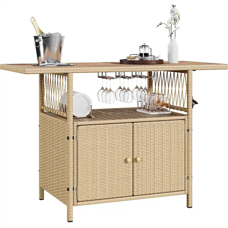 Moasis Outdoor Storage Cabinet Patio Wicker Bar Counter Backyard Furniture w/Plastic Wood Tabletop - 50.4 L x20.9 W x 33.9 H