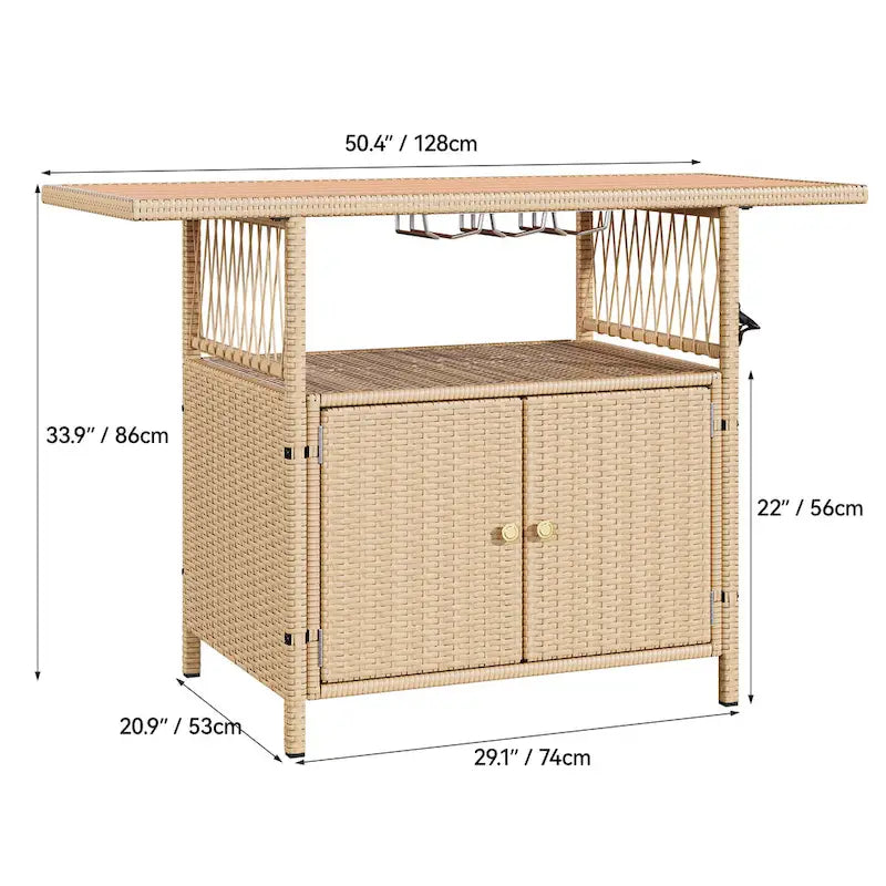 Moasis Outdoor Storage Cabinet Patio Wicker Bar Counter Backyard Furniture w/Plastic Wood Tabletop - 50.4 L x20.9 W x 33.9 H