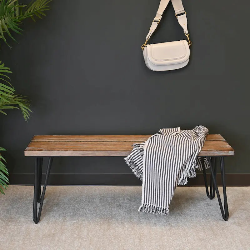 Aryven Industrial Wood Dining Bench, Rustic Dark Pine Finish