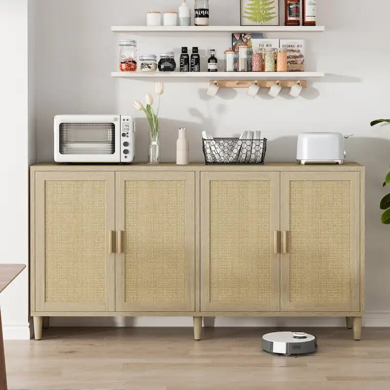 Functional 4-Door Rattan Decorative Storage Cabinet