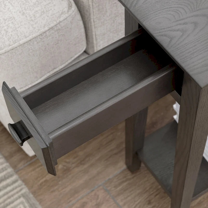 Teegan Solid Wood Narrow Side End Table with Shelf and Drawer