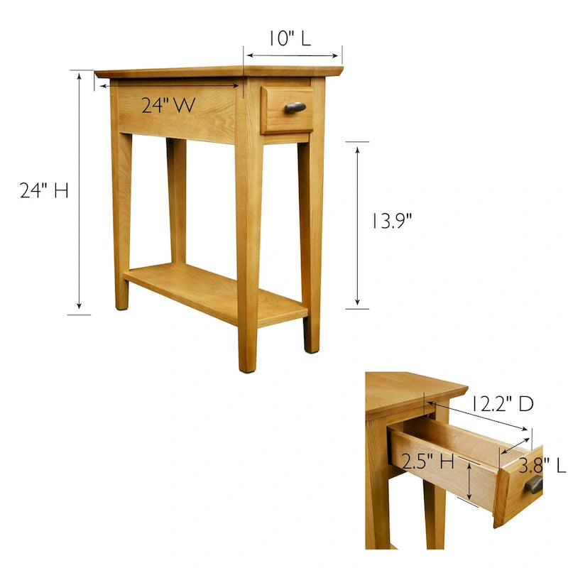 Teegan Solid Wood Narrow Side End Table with Shelf and Drawer