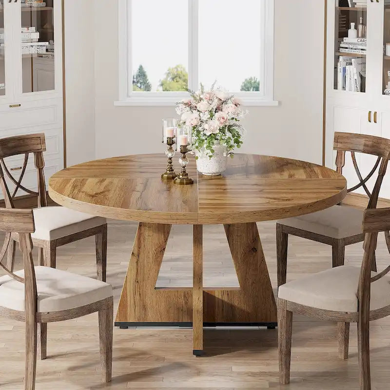 Round Dining Table for 4, 47 Inch Farmhouse Kitchen Table Small Dinner Table