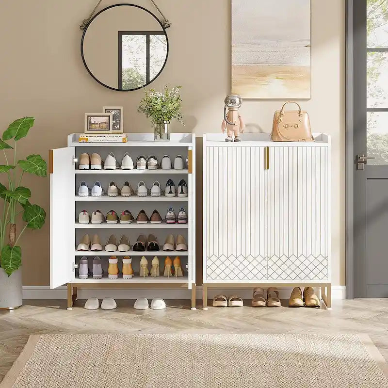 5 Tier Shoe Cabinet with Doors 25 Pairs White Wood Shoes Organizer