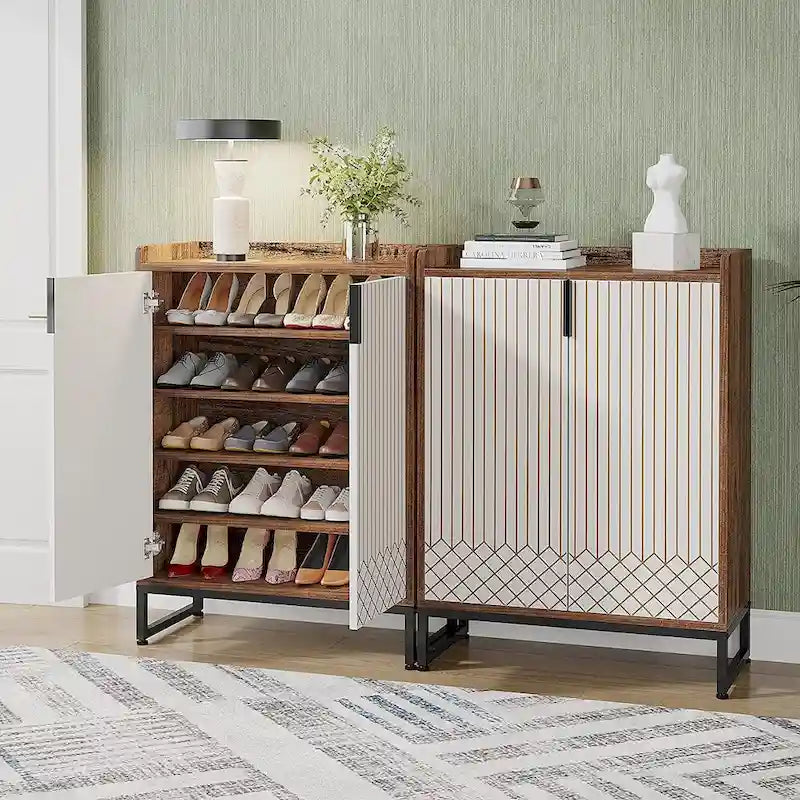 5 Tier Shoe Cabinet with Doors 25 Pairs White Wood Shoes Organizer