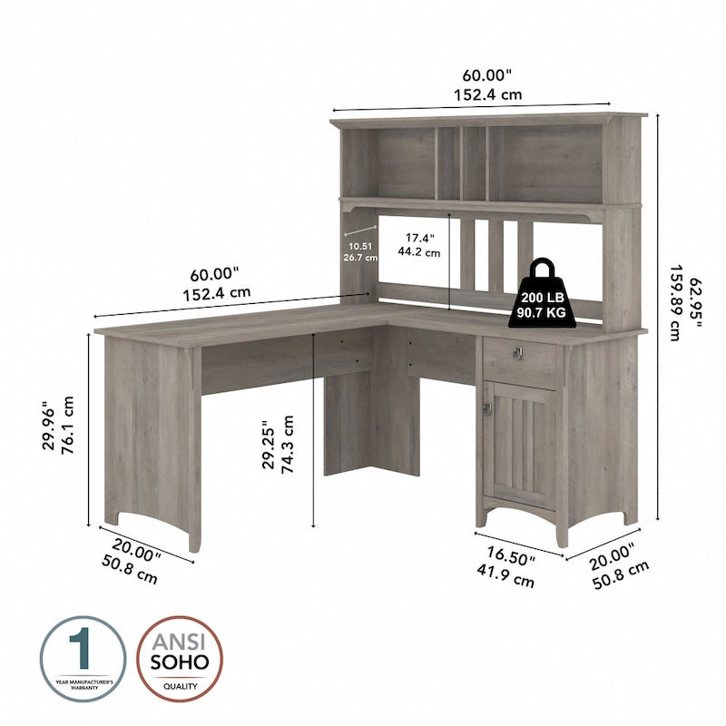 Bush Furniture Salinas 60W L Shaped Desk with Storage Hutch