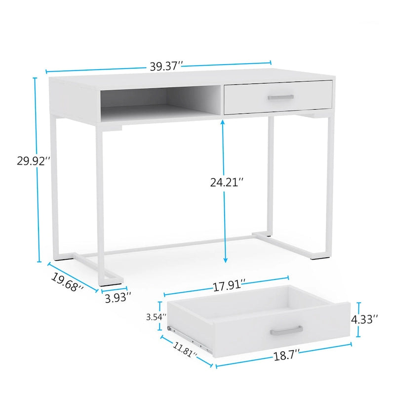 40 Inches Computer Desk White and Gold Desk with 2 Drawers