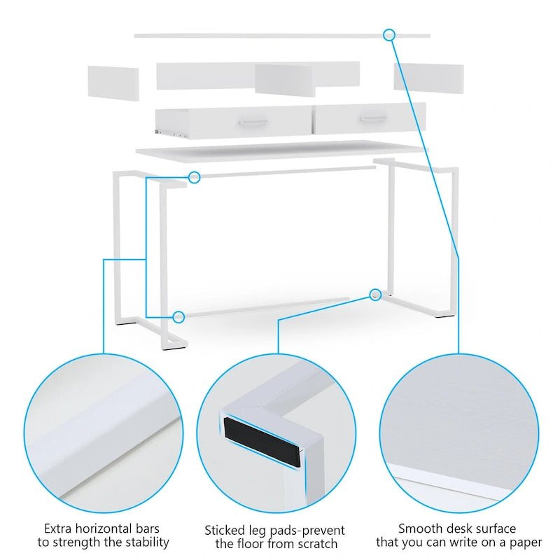 40 Inches Computer Desk White and Gold Desk with 2 Drawers