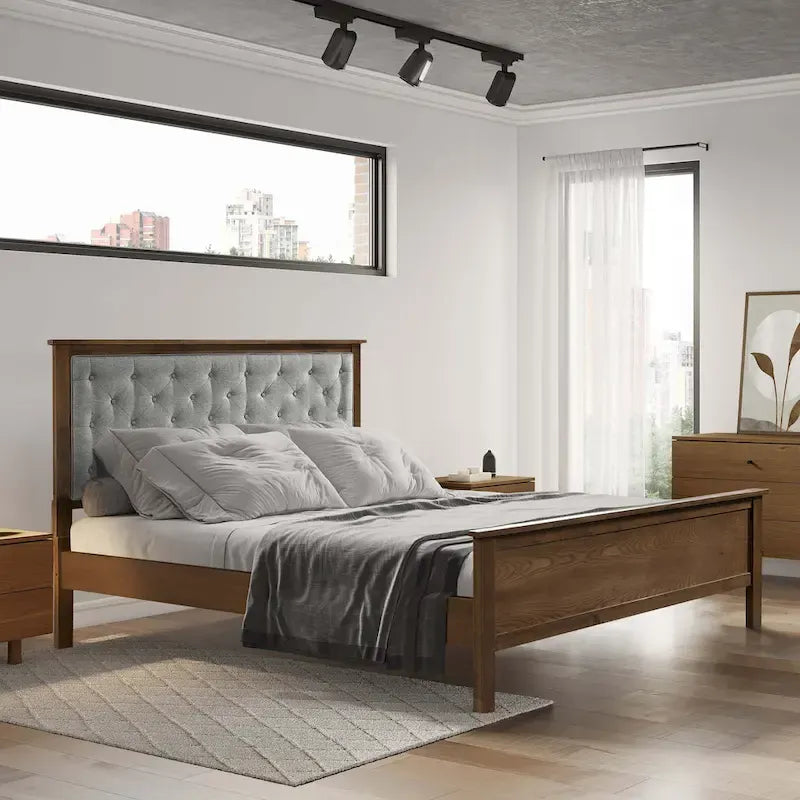 Gray Upholstered Queen Bed Headboard and Wood Footboard Set