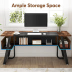 63 inch Large Executive Desk Office Desk with Storage Shelf for Home Office, Rustic Brown Black
