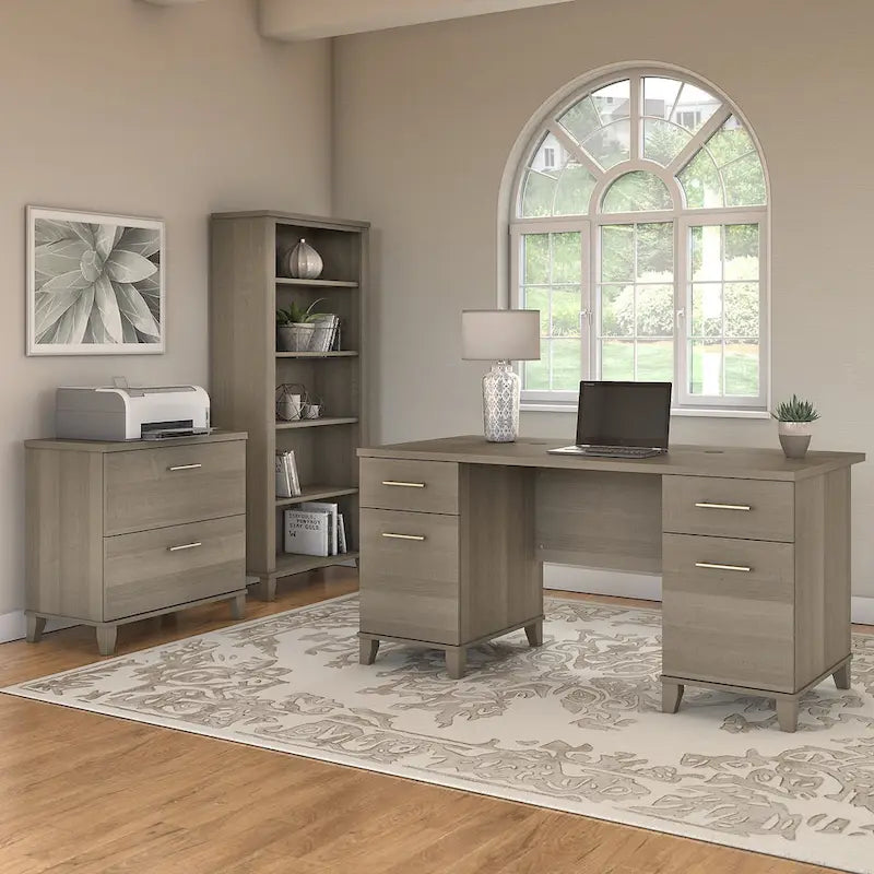  60W Office Desk with Cabinet and 5 Shelf Bookcase