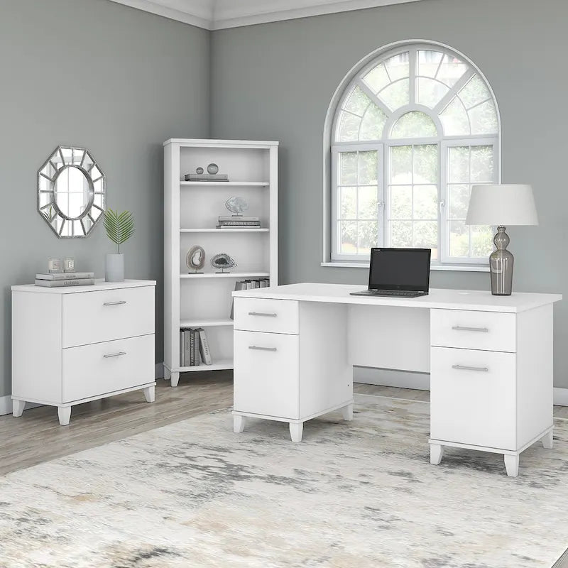 60W Office Desk with Cabinet and 5 Shelf Bookcase